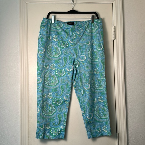 Talbots Blue and Green Paisley Classic Side Zip Casual Capris Size 14 Petite - Picture 1 of 8